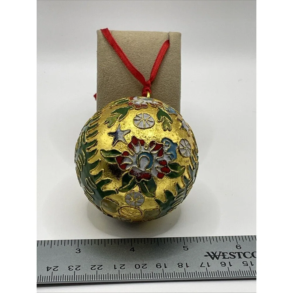 Cloisonne Gold Christmas Tree Ornament with Red Ribbon - Excellent Condition